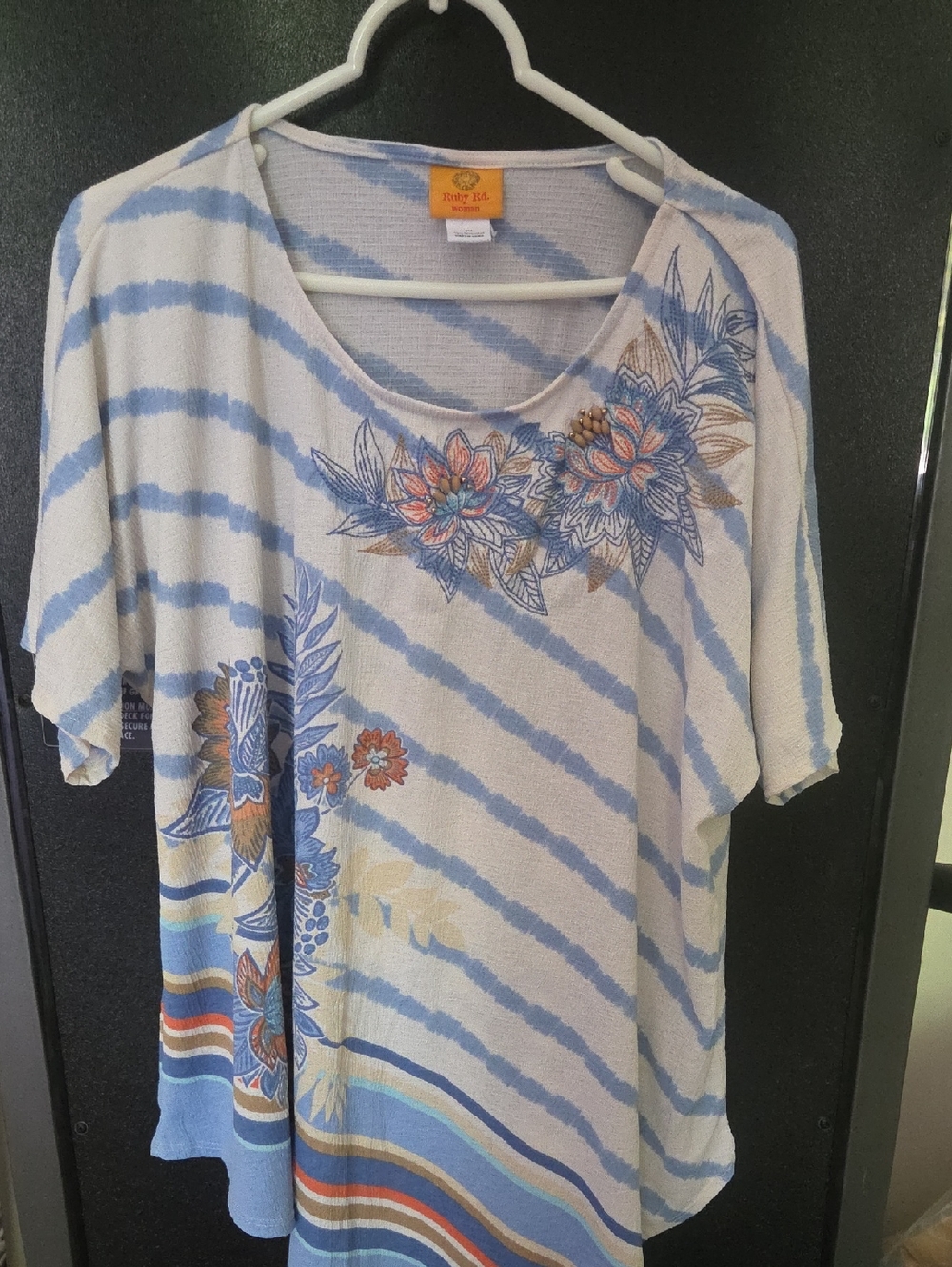 Ruby Rd. Blue and Cream Floral Stripe Tunic Top
